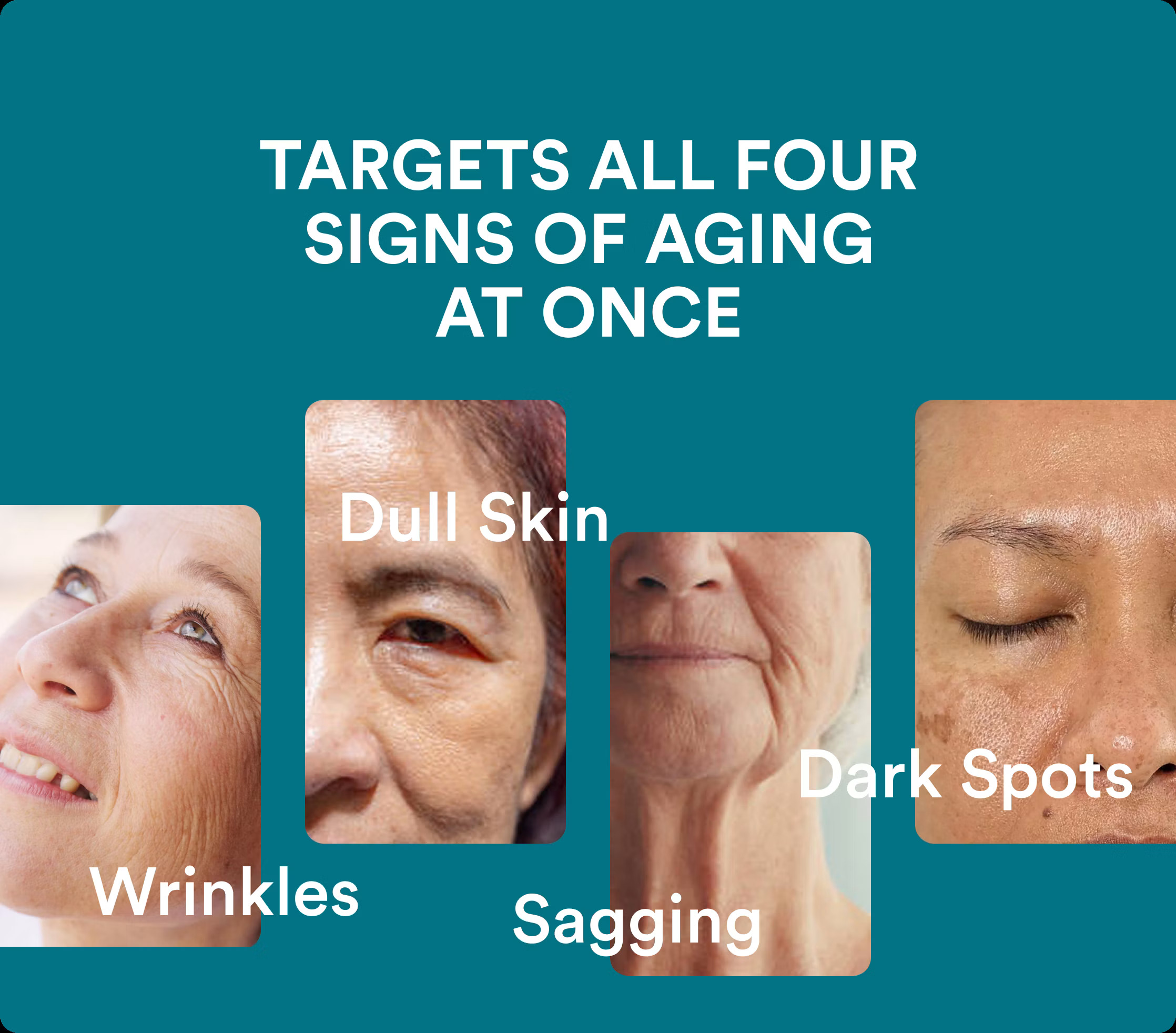 Campaign graphic labeling wrinkles, dull skin, sagging, and dark spots.