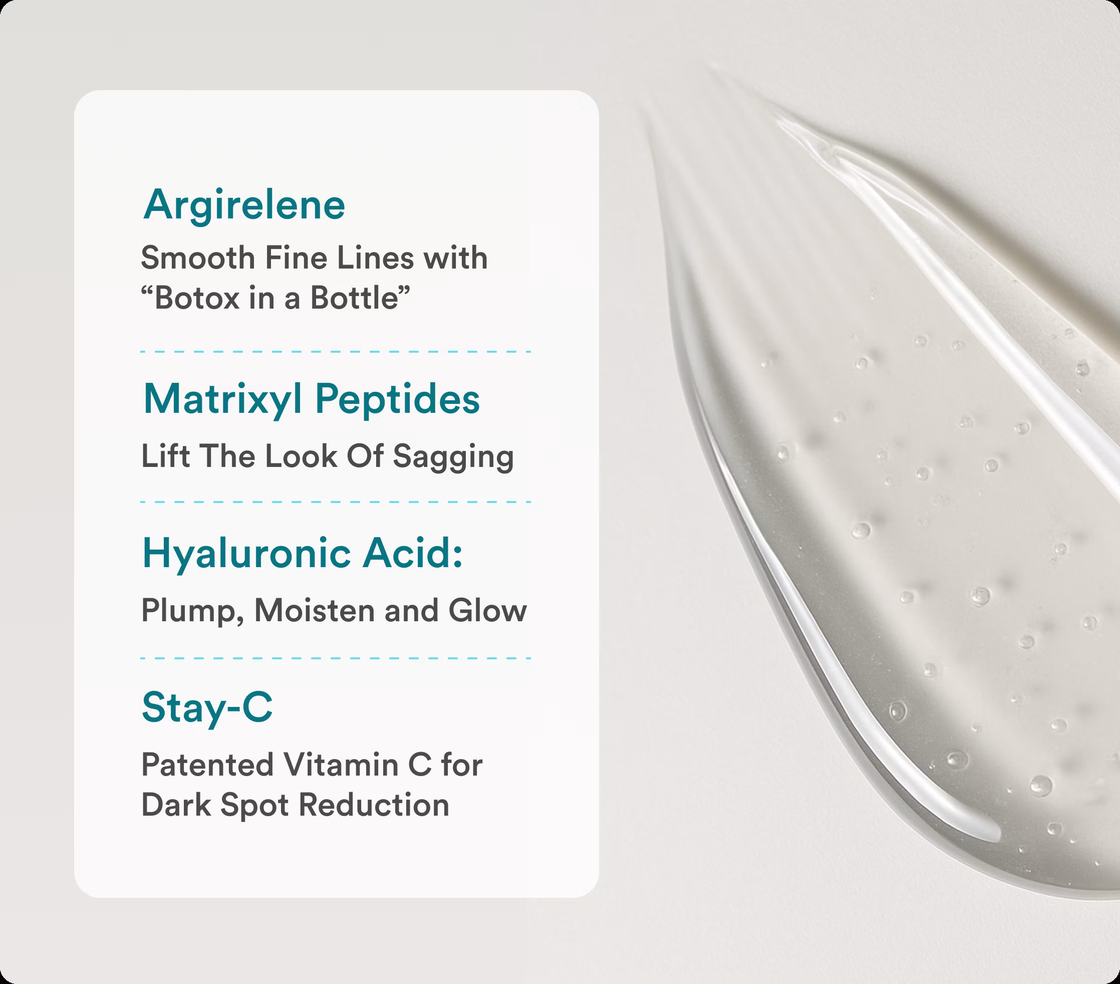 Ingredient card listing Argireline, Matrixyl peptides, hyaluronic acid, and Stay-C beside a serum smear.