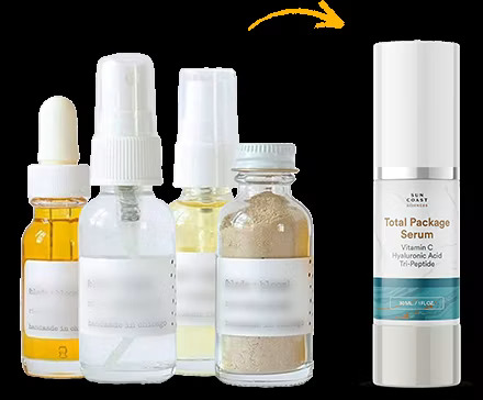 Several small bottles next to a SunCoast Serum pump. Campaign comparison graphic.